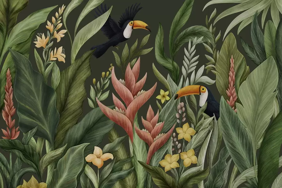murales de pared Follaje tropical y aves de pico grande sobre fondo oscuro w05088