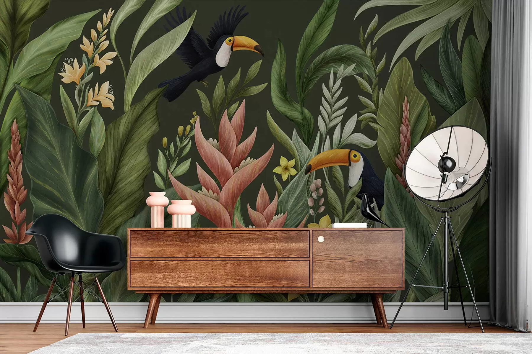 murales de pared Follaje tropical y aves de pico grande sobre fondo oscuro w05088