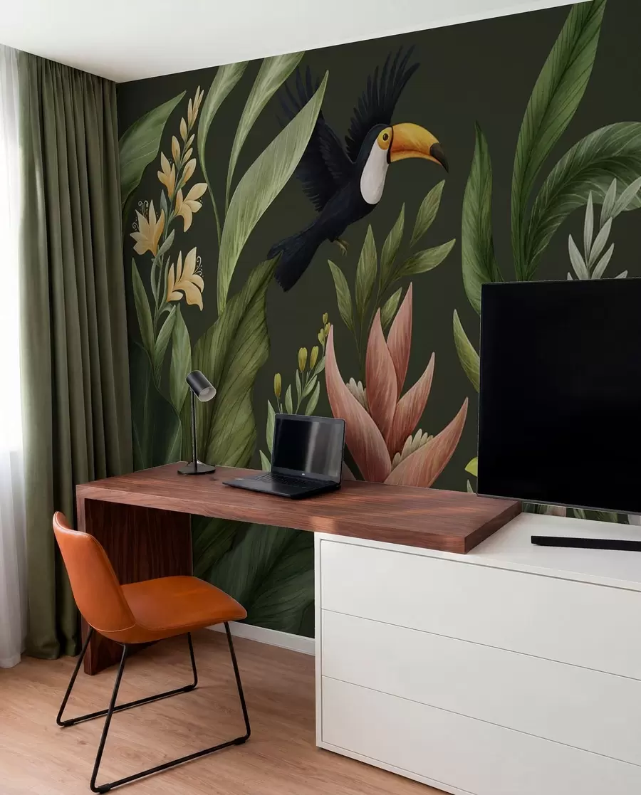 murales de pared Follaje tropical y aves de pico grande sobre fondo oscuro w05088