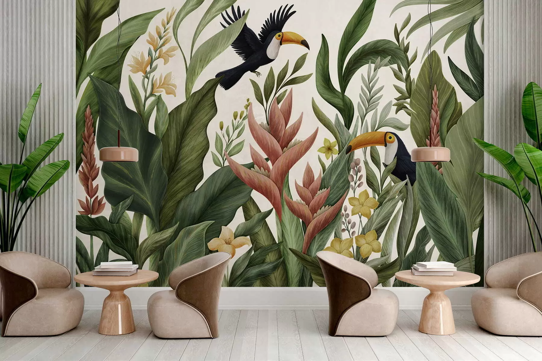 murales de pared Plantas tropicales y aves de pico grande sobre fondo claro w05088v1