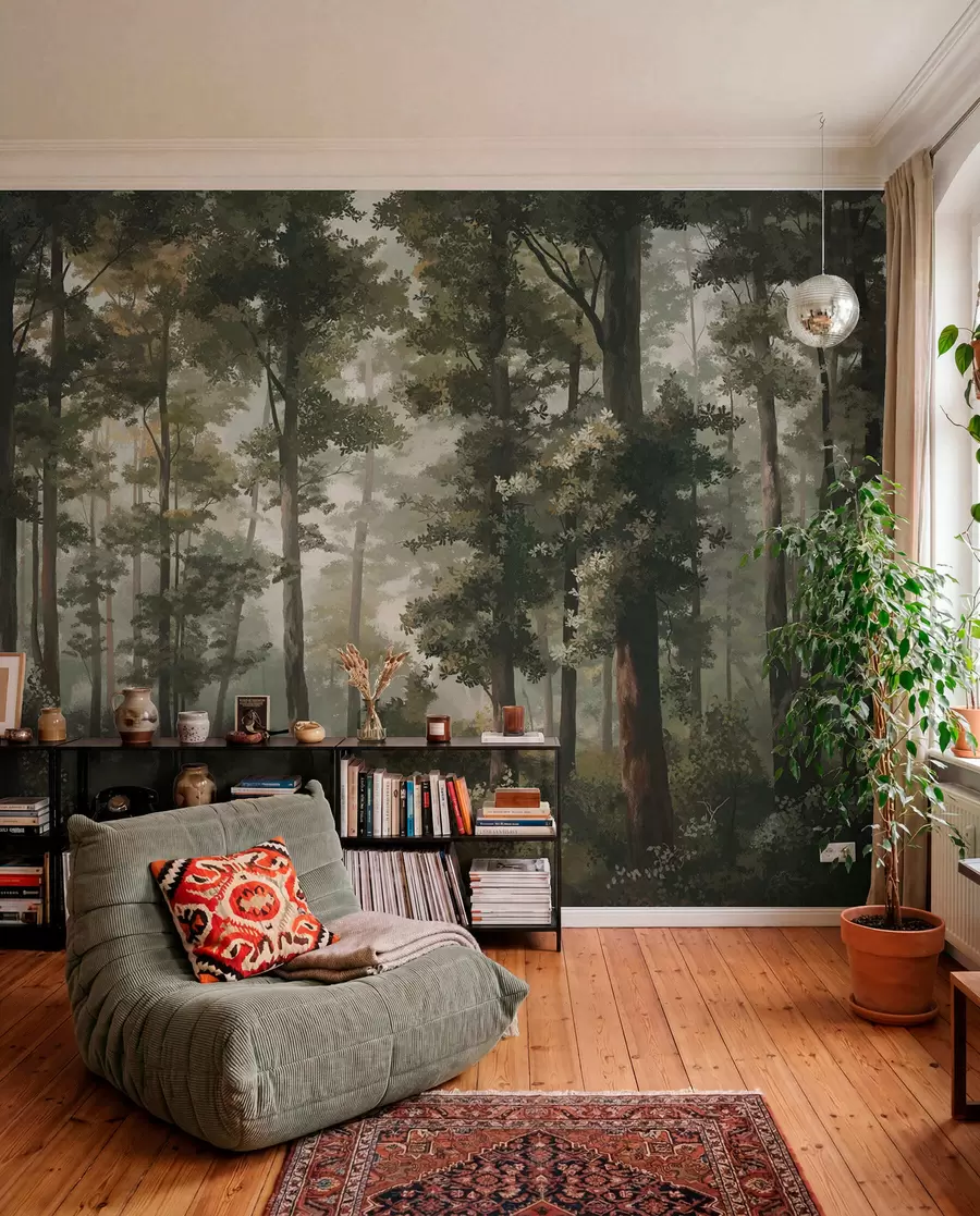 murales de pared Ilustración de un bosque con niebla, árboles altos y un sendero. w05089
