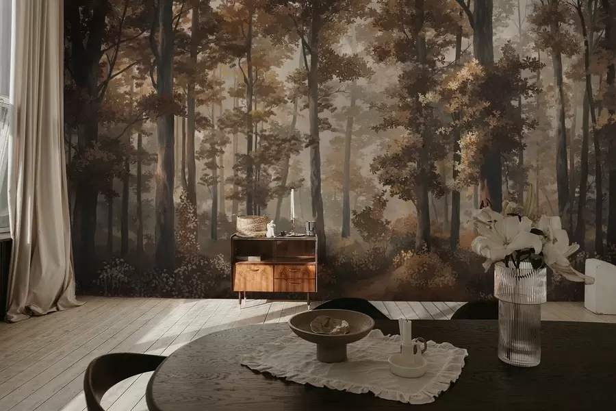 murales de pared Escena otoñal en el bosque con luz cálida y árboles densos. w05089v1