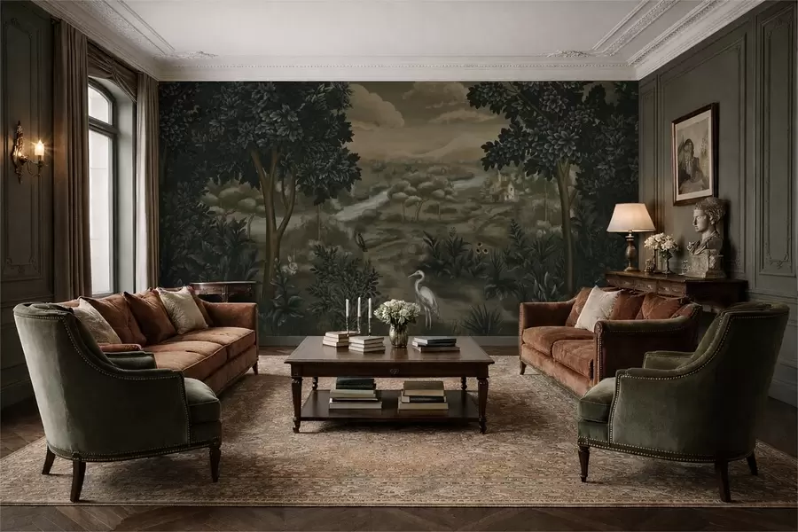 murales de pared Paisaje fantástico con río, casa y pájaros entre los árboles. w05090