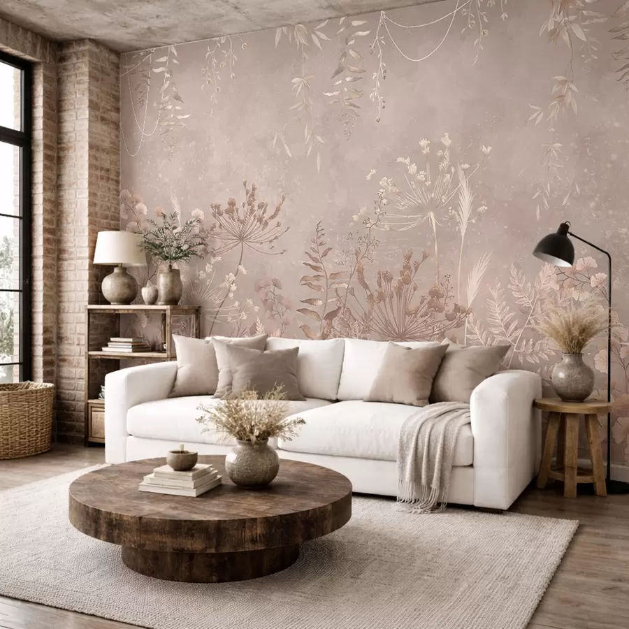 murales de pared Motivo botánico en beige suave con flores silvestres. w05092v2
