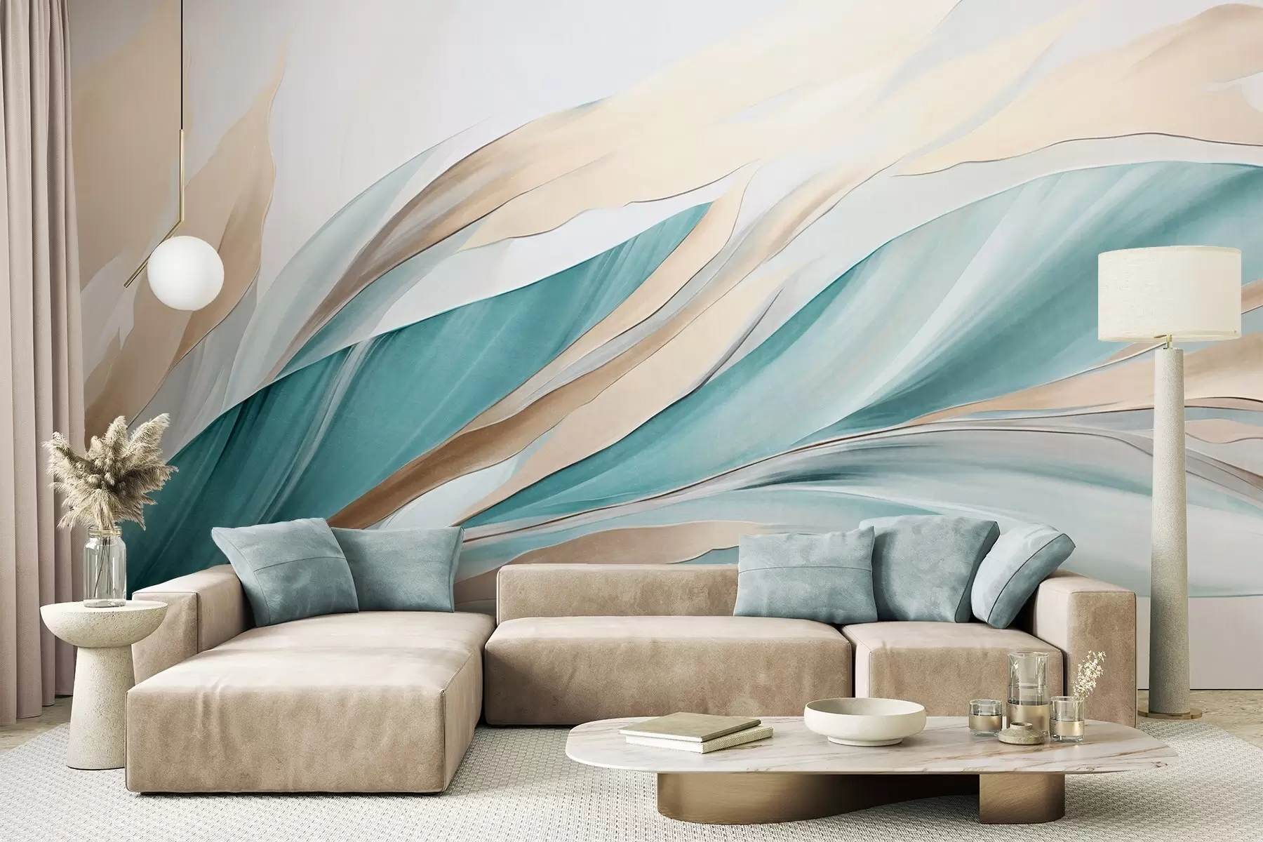 murales de pared Ondas abstractas fluidas de color verde azulado y amarillo, con formas y líneas finas, sobre un fondo blanco, arte texturizado. w09585