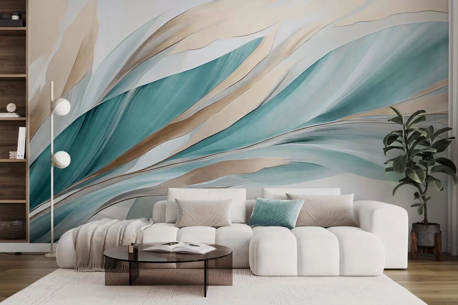 murales de pared Ondas abstractas fluidas de color verde azulado y amarillo, con formas y líneas finas, sobre un fondo blanco, arte texturizado. w09585
