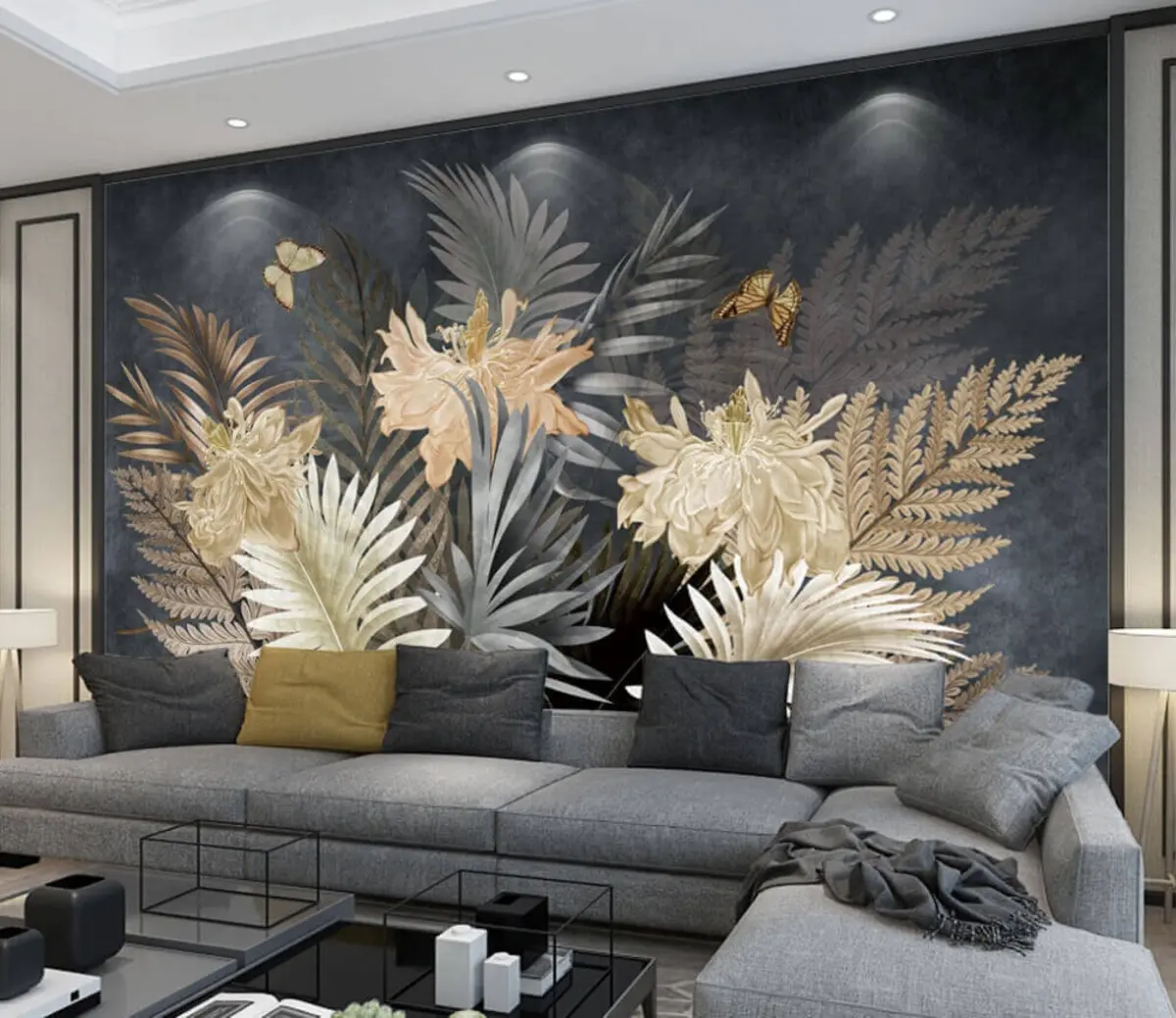 murales de pared Flores y helechos sobre un fondo oscuro u00225