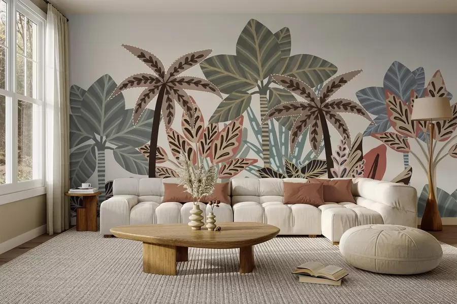 murales de pared Plantas tropicales con textura y palmeras con colores apagados en estilo boho decorativo sobre un fondo crema. w09639