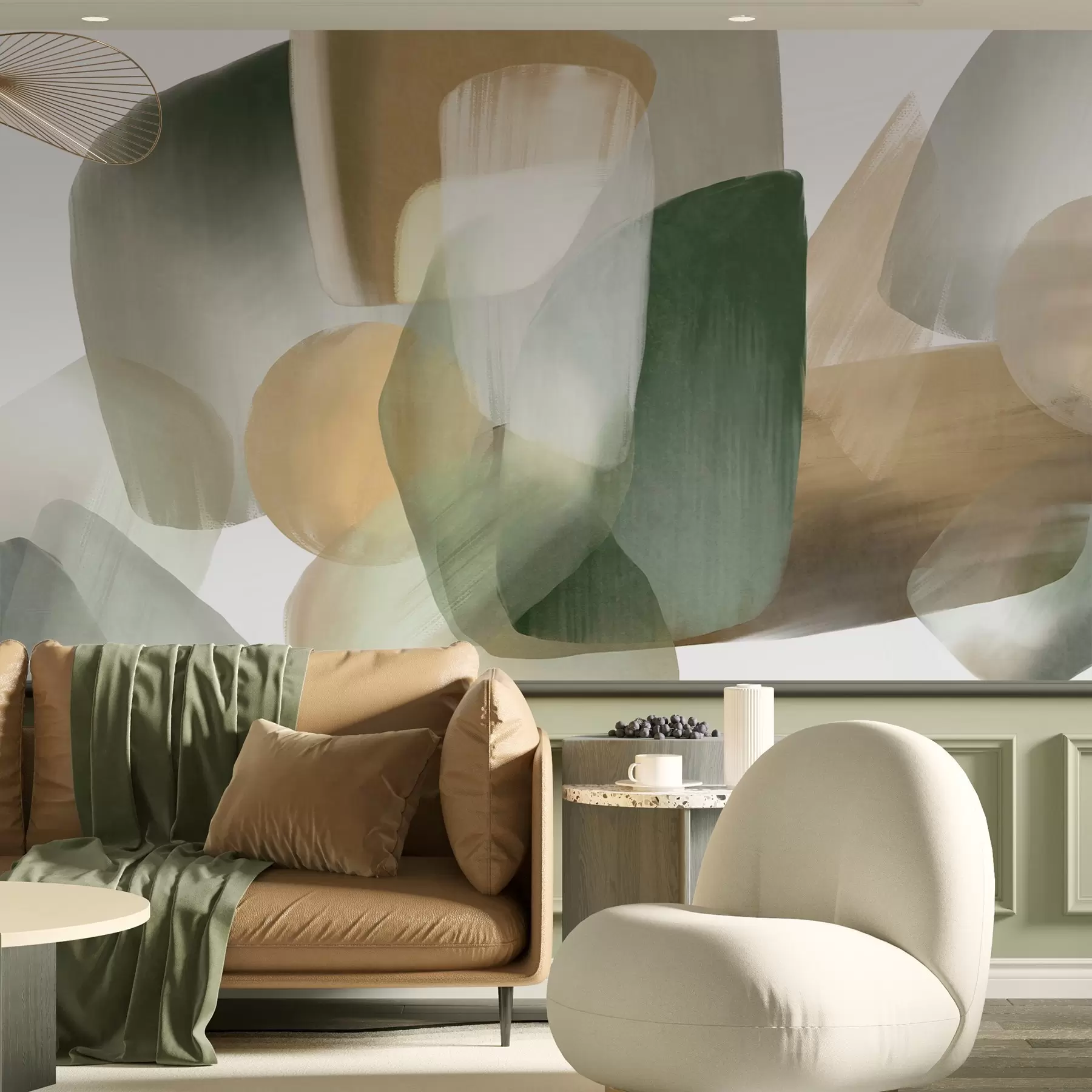 murales de pared Formas abstractas con textura en colores verde y beige apagados, con bordes suaves y capas superpuestas. w09642