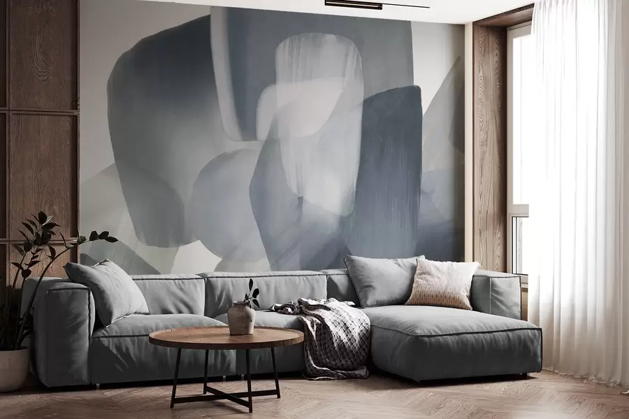 murales de pared Formas abstractas con textura en colores azul y gris apagados, con bordes suaves y capas superpuestas. w09642v1