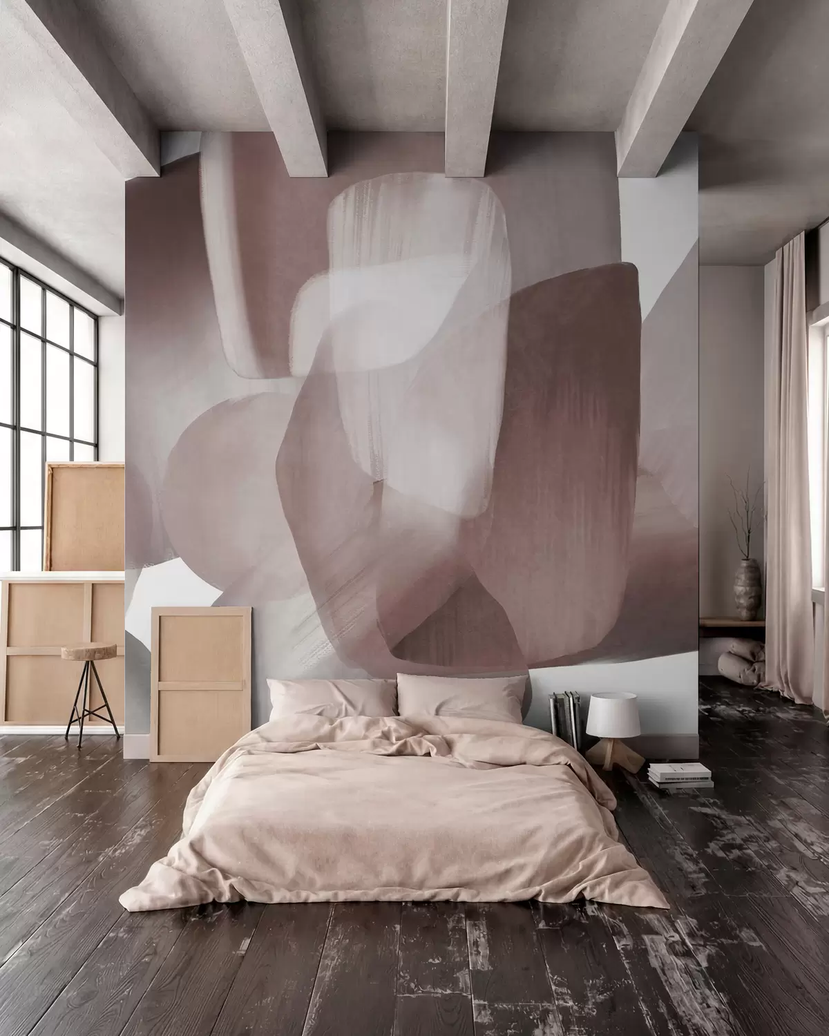 murales de pared Formas abstractas con textura en colores burdeos y gris apagados, con bordes suaves y capas superpuestas. w09642v2