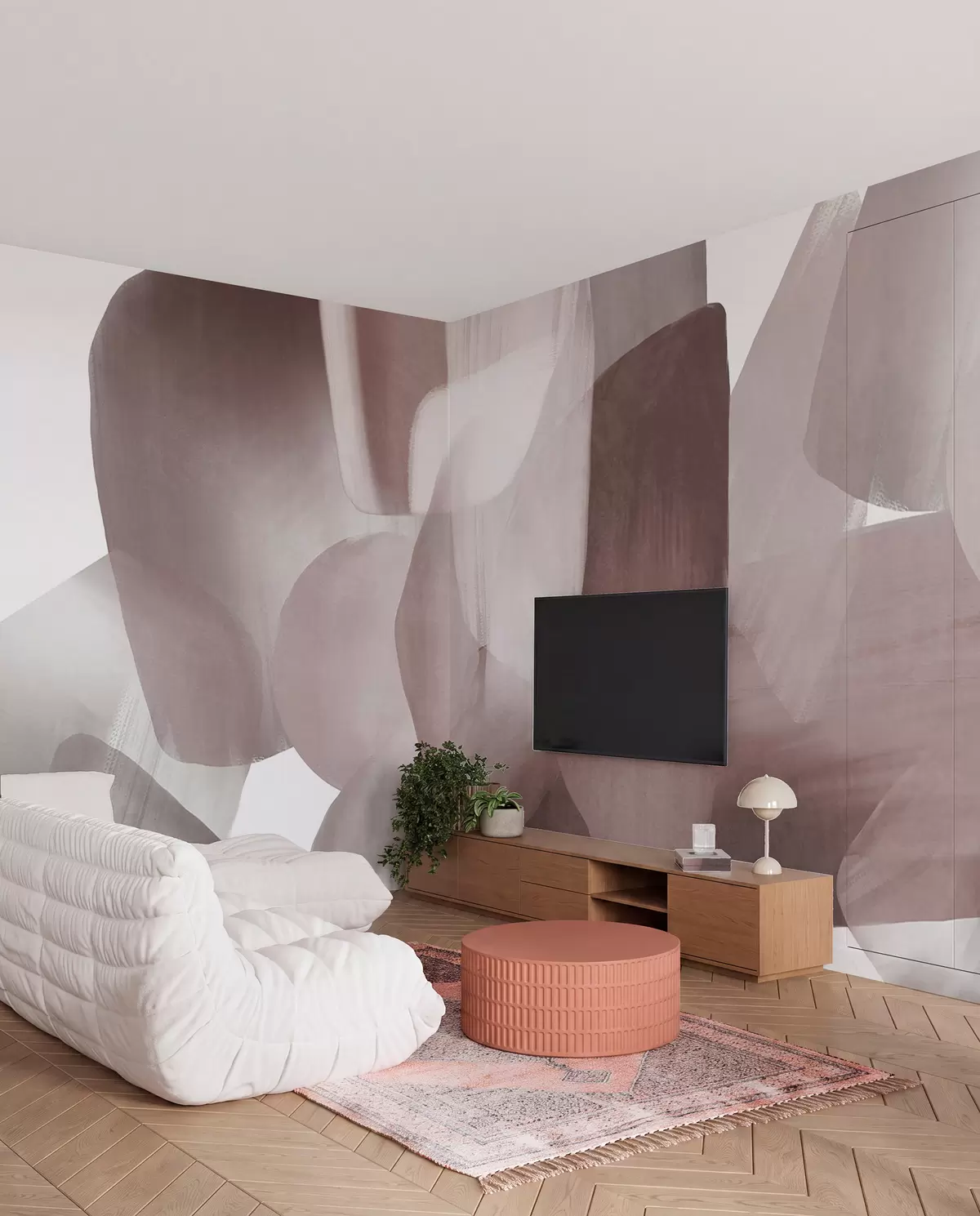 murales de pared Formas abstractas con textura en colores burdeos y gris apagados, con bordes suaves y capas superpuestas. w09642v2