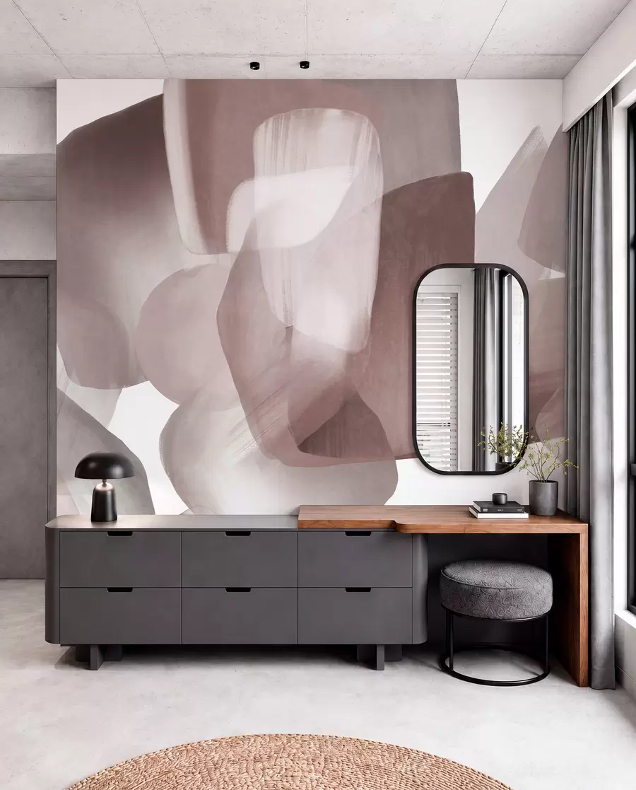 murales de pared Formas abstractas con textura en colores burdeos y gris apagados, con bordes suaves y capas superpuestas. w09642v2