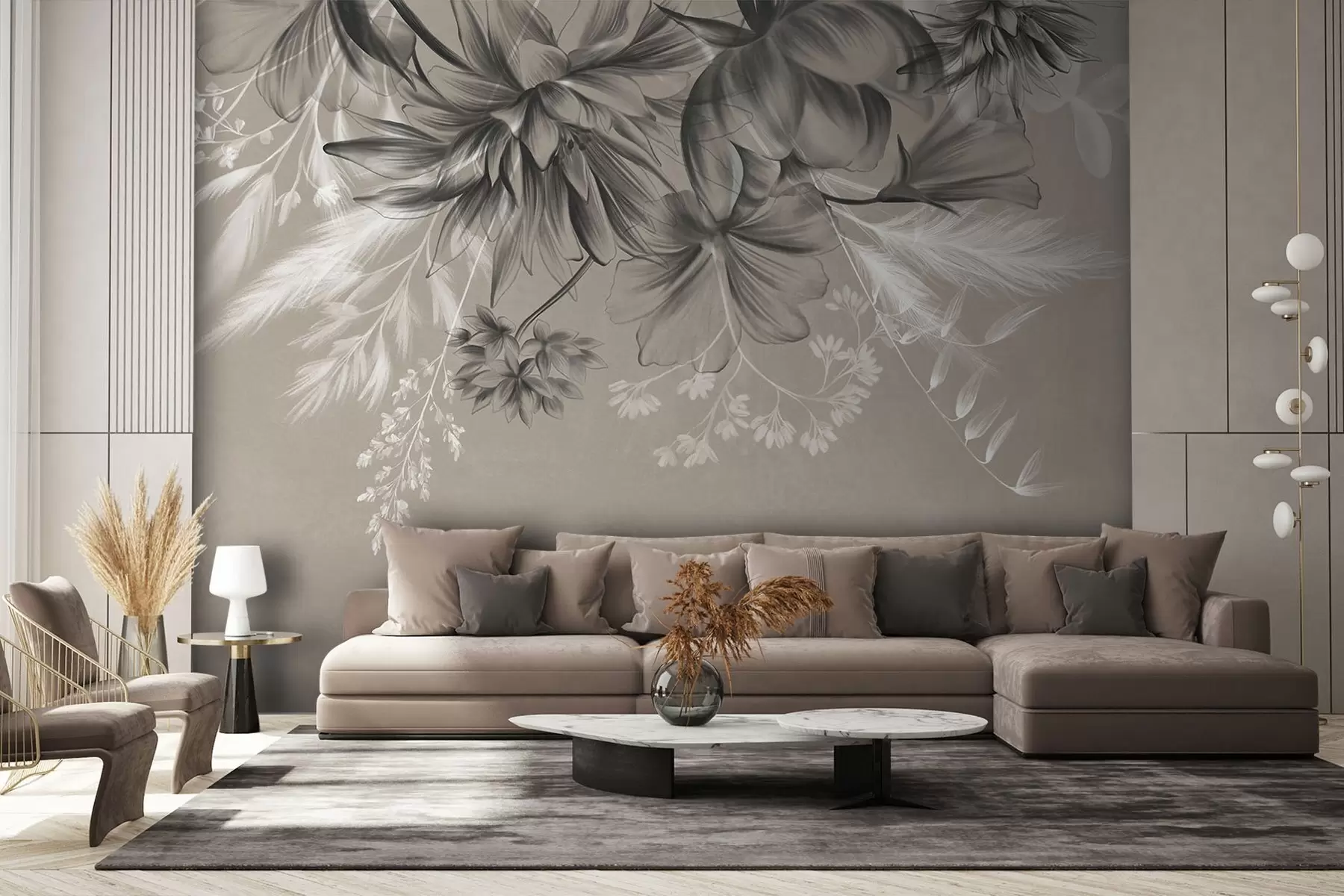 murales de pared Flores y helechos texturizados en tonos gris oscuro y blanco sobre un fondo beige apagado, estilo de dibujo. w09644