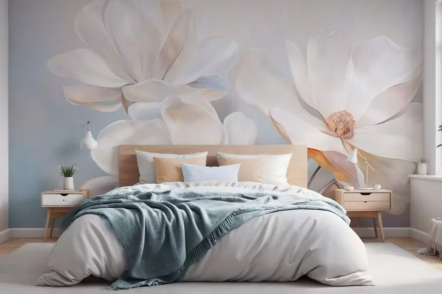 murales de pared Flores blancas de magnolia fantásticas con pétalos de textura delicada, sobre un fondo suave y abstracto. w09373