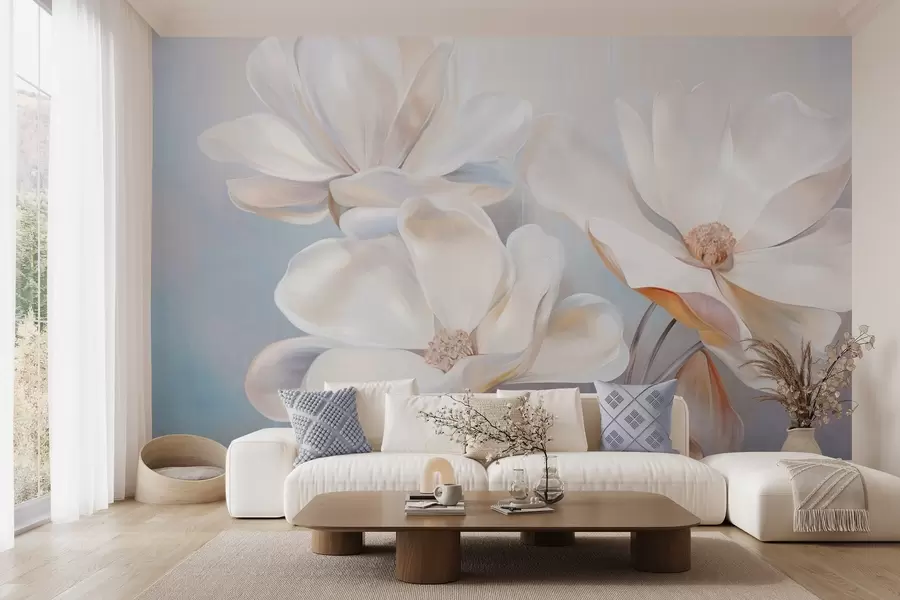 murales de pared Flores blancas de magnolia fantásticas con pétalos de textura delicada, sobre un fondo suave y abstracto. w09373