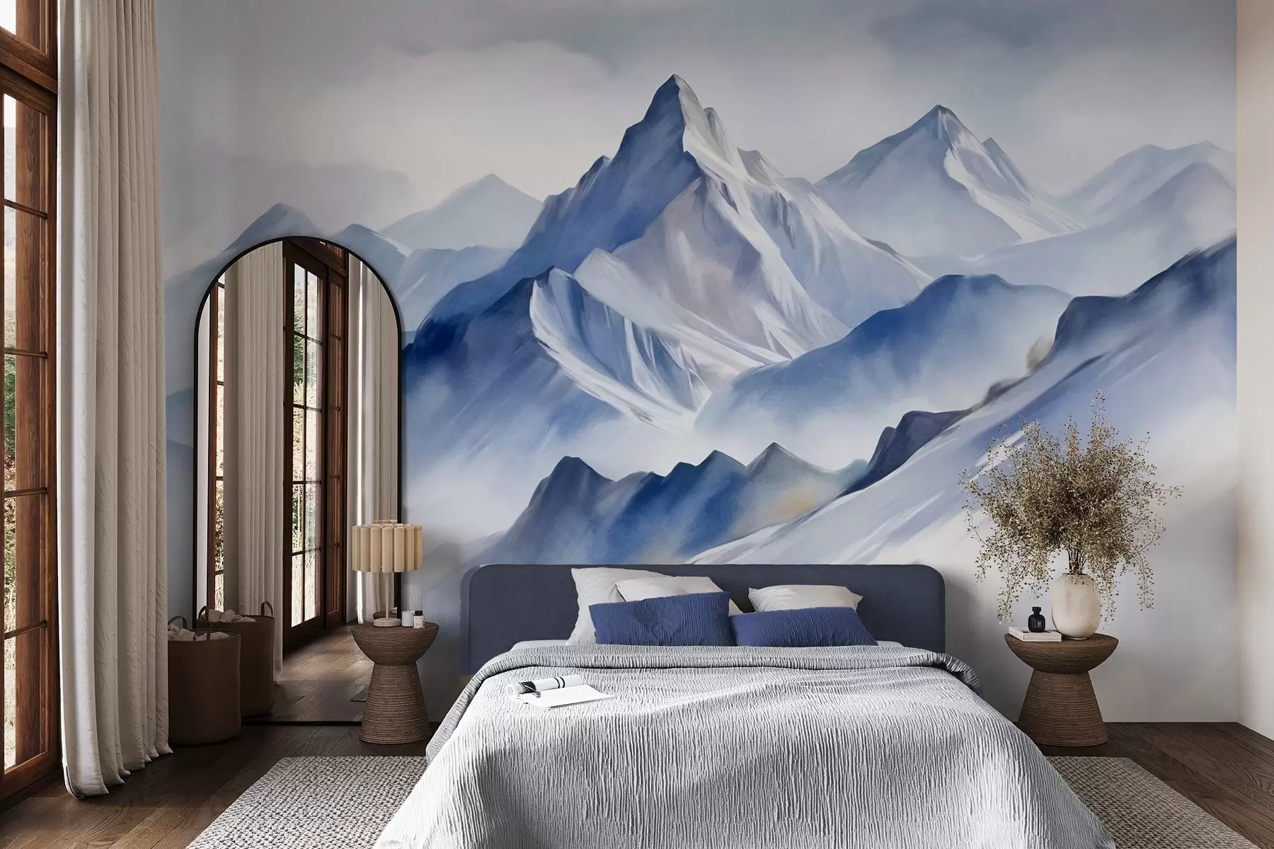 murales de pared Montañas nevadas con textura, un suave efecto acuarela y una paleta de colores azul y blanco. w09630