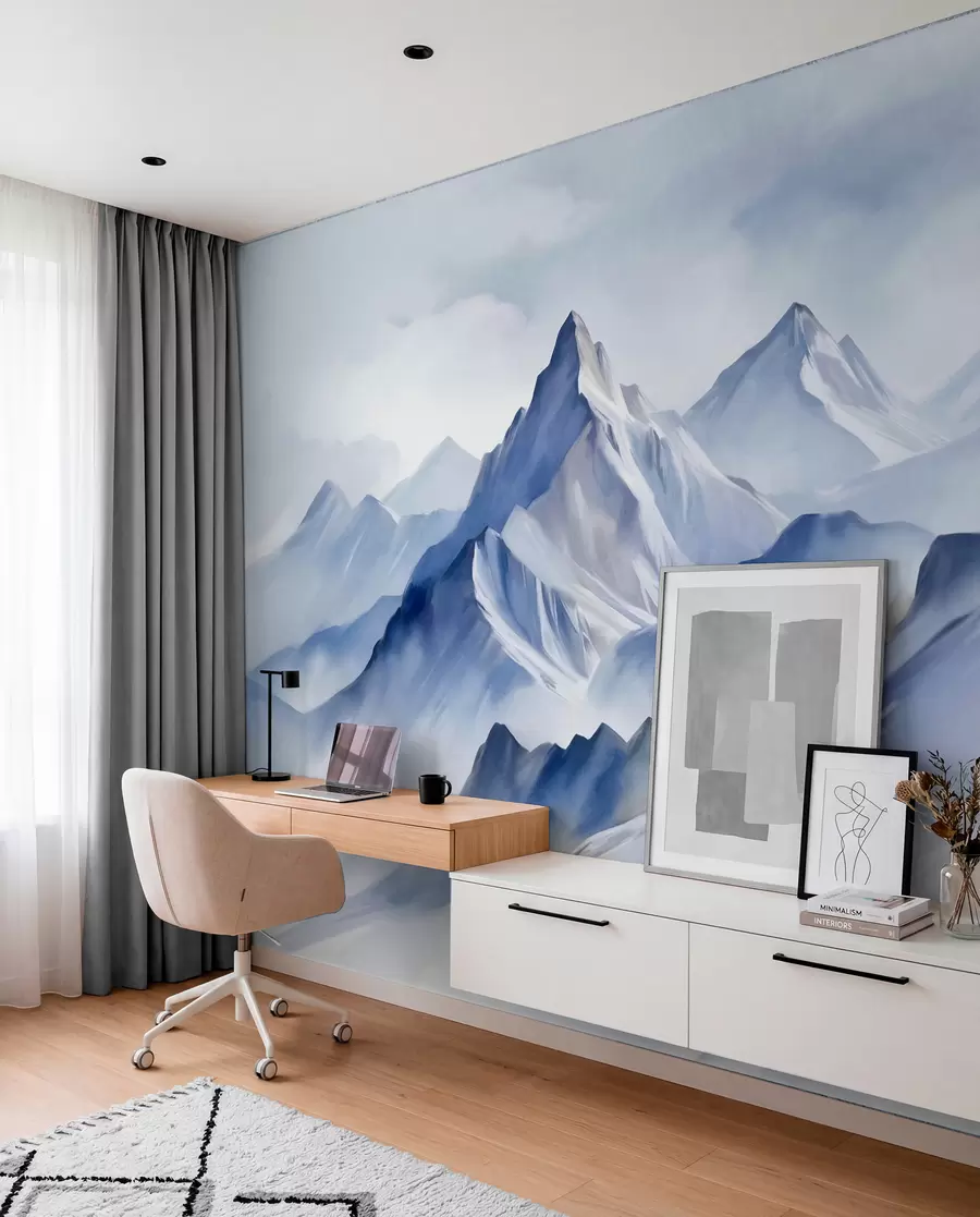 murales de pared Montañas nevadas con textura, un suave efecto acuarela y una paleta de colores azul y blanco. w09630