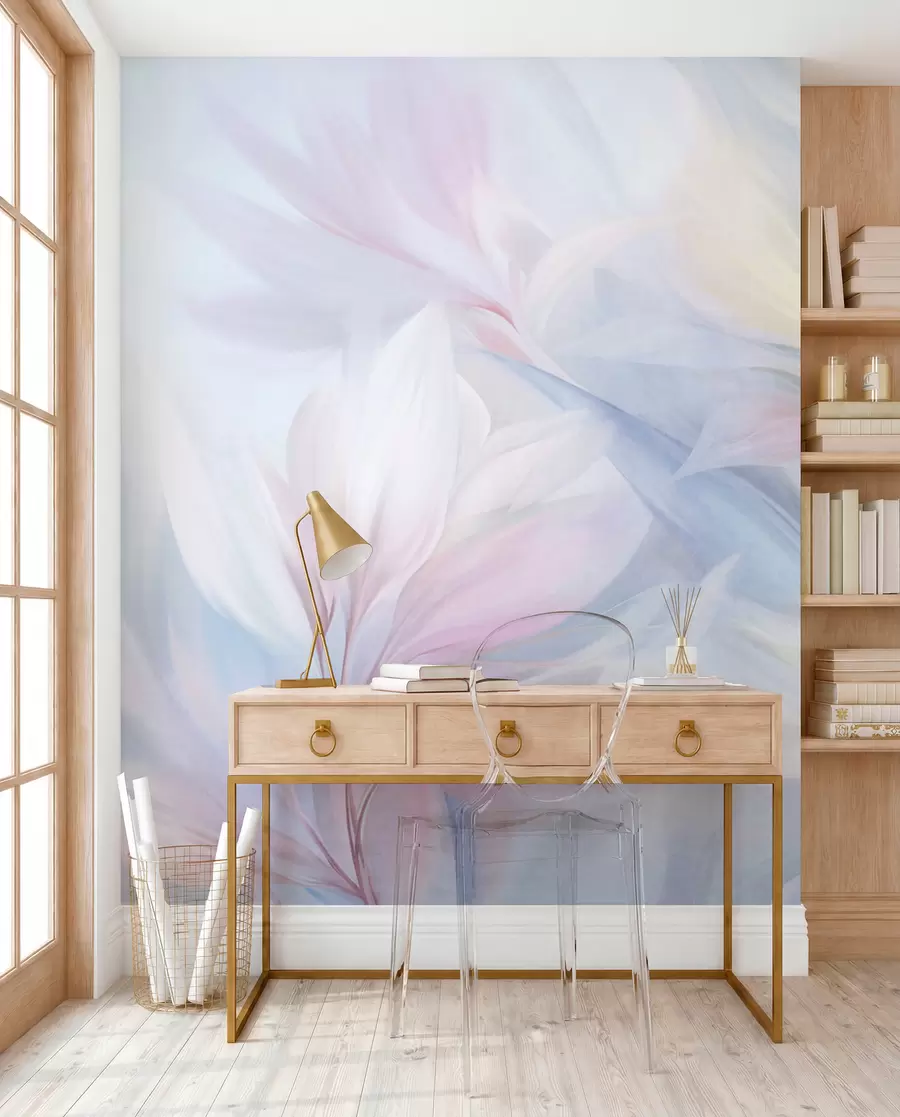 murales de pared Hojas suaves en tonos pastel y plumas en tonos rosa, azul y amarillo, estampado abstracto y con textura. w09634