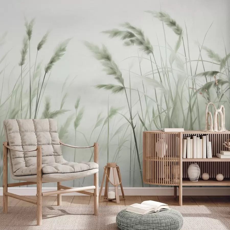 murales de pared Hierba seca alta y texturizada con espigas de trigo en el campo sobre un fondo suave y pálido. w09648v1