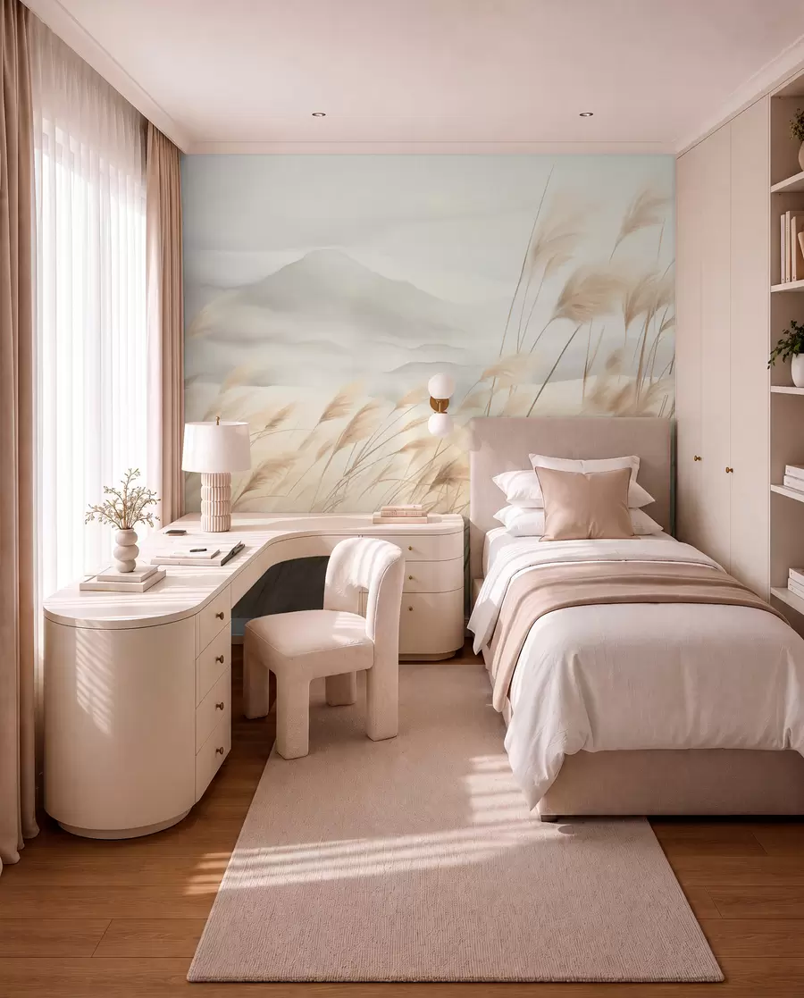 murales de pared Paisaje montañoso con textura, con hierba alta y seca bajo un cielo brumoso. w09649