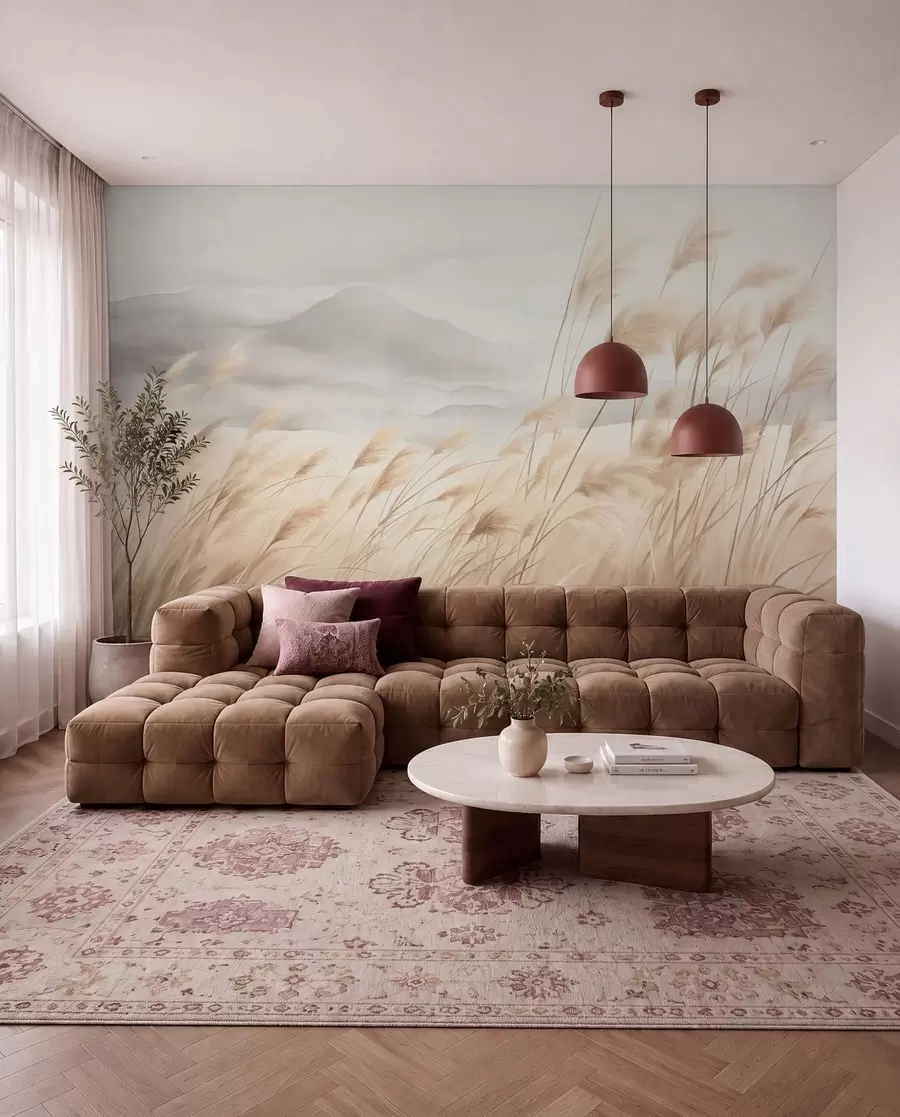murales de pared Paisaje montañoso con textura, con hierba alta y seca bajo un cielo brumoso. w09649