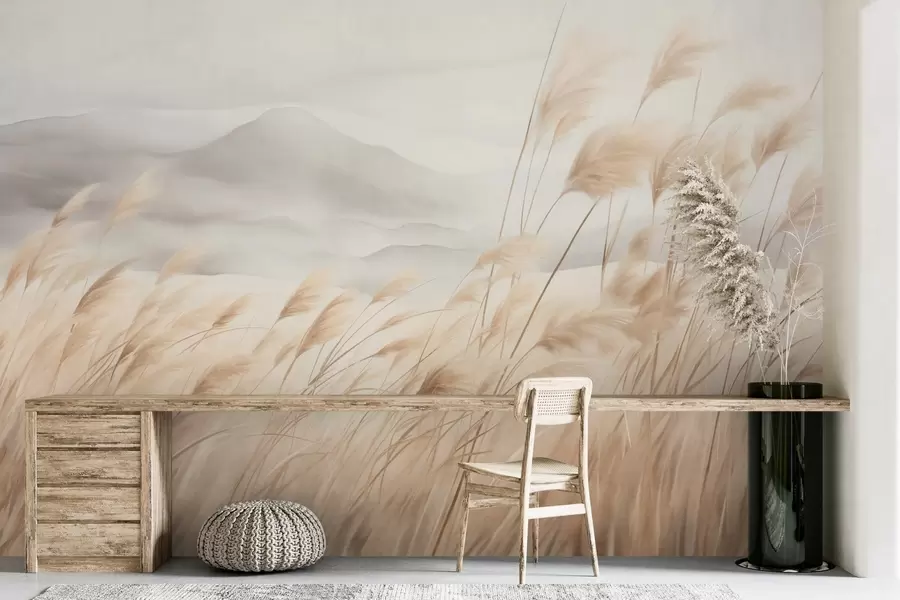 murales de pared Paisaje montañoso con textura, con hierba alta y seca bajo un cielo brumoso. w09649
