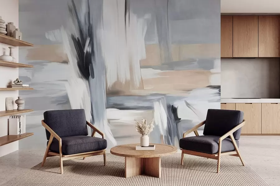 murales de pared Estilo pictórico abstracto con textura y pinceladas en tonos blancos, grises y beiges. w09651