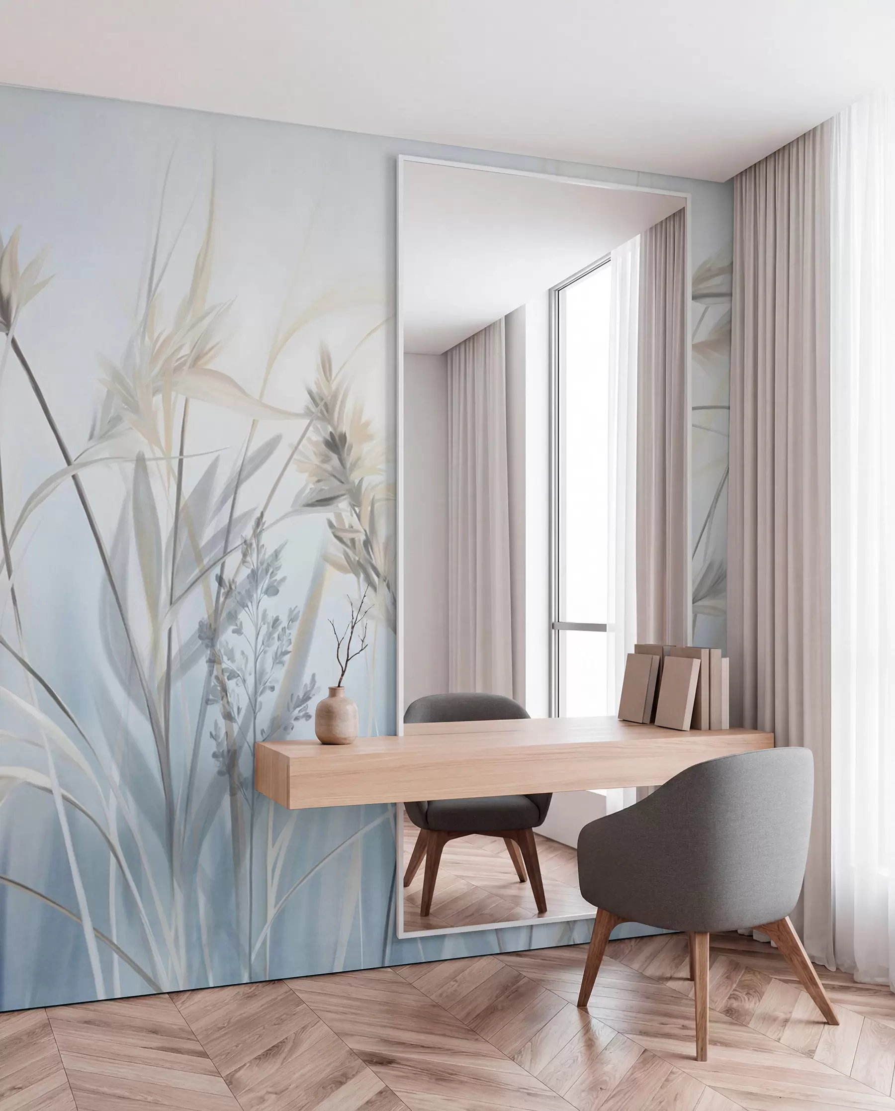 murales de pared Tallos altos y secos de hierba con puntas plumosas en tonos apagados, fondo azul y blanco suave y difuminado. w09652