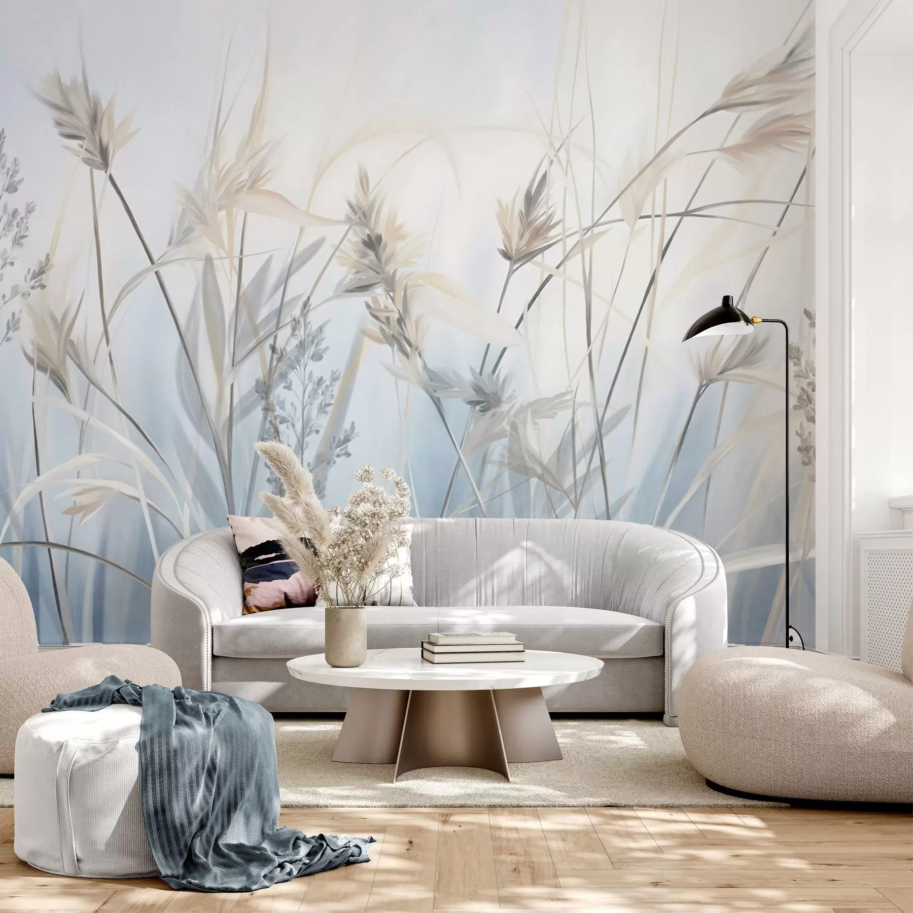murales de pared Tallos altos y secos de hierba con puntas plumosas en tonos apagados, fondo azul y blanco suave y difuminado. w09652