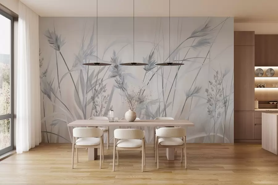 murales de pared Tallos altos y secos de hierba con puntas plumosas en tonos apagados, fondo blanco y beige suave y difuminado. w09652v1