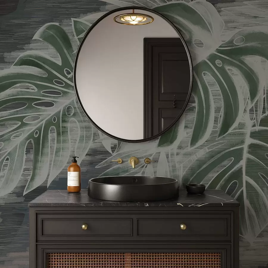 murales de pared Hojas de color verde oscuro sobre un fondo oscuro con textura. w05130v4