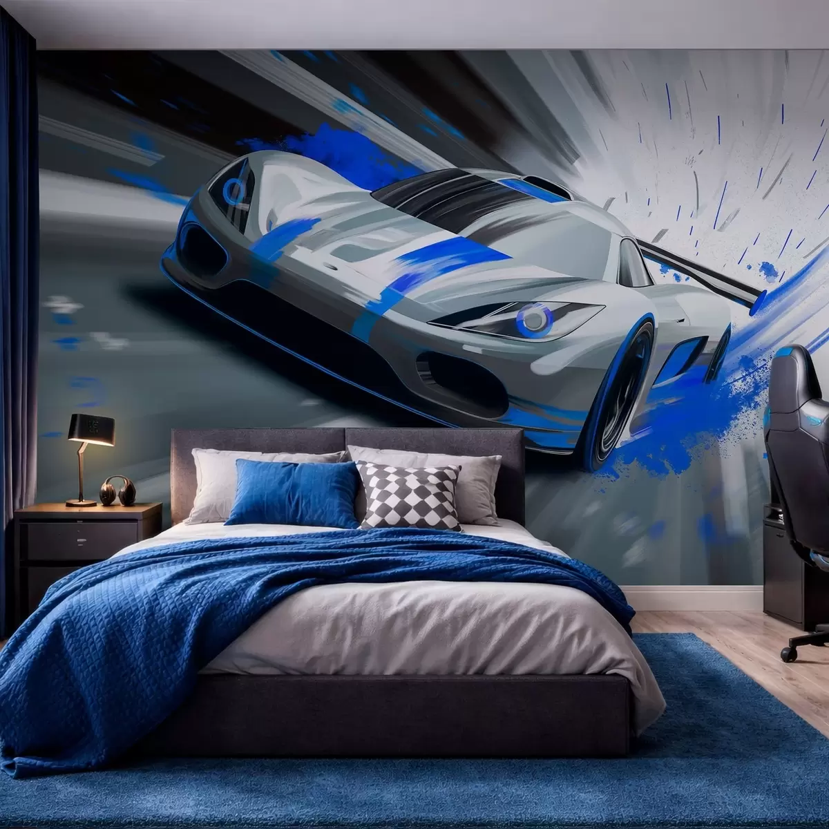 murales de pared Coche deportivo dinámico en estilo de dibujo digital con detalles en azul. w05069
