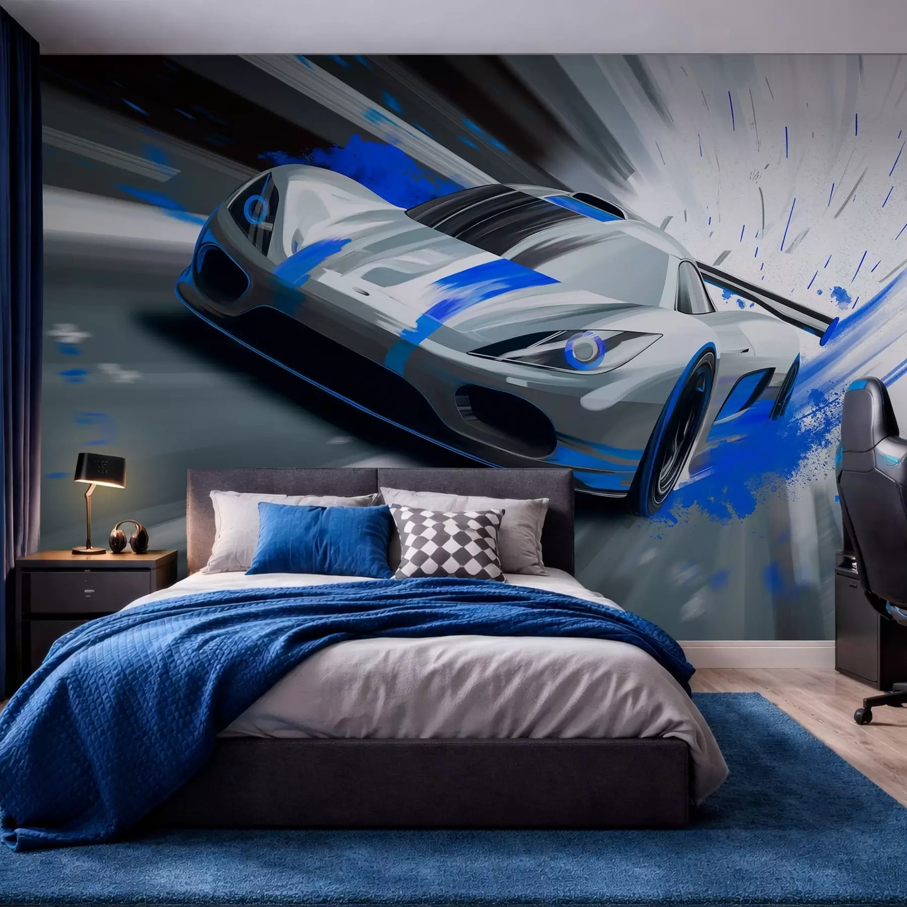 murales de pared Coche deportivo dinámico en estilo de dibujo digital con detalles en azul. w05069