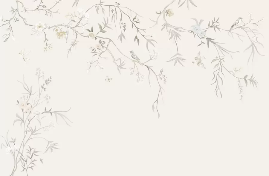 murales de pared Delicadas flores y pájaros sobre fondo de tiza. w05127