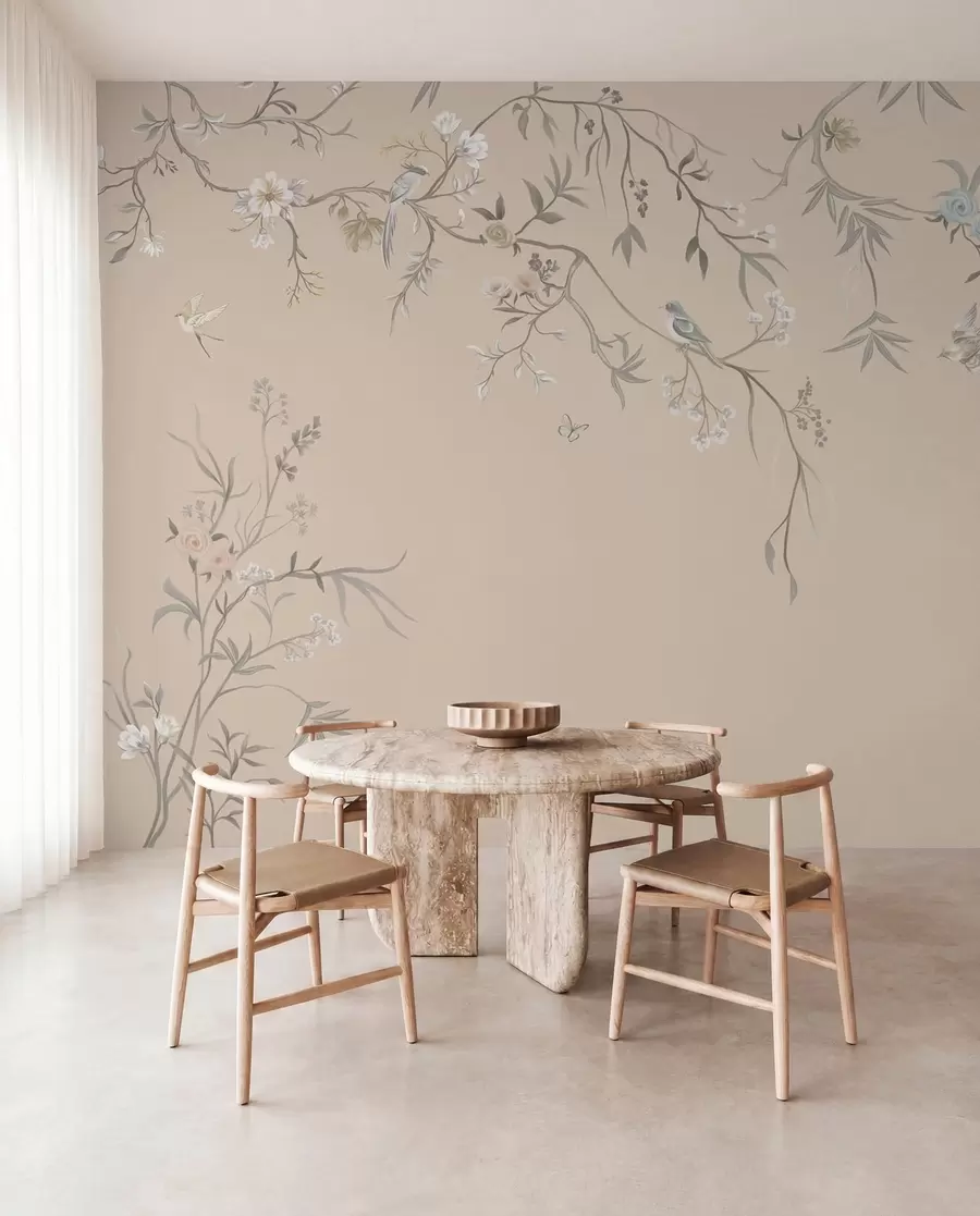 murales de pared Ramas florales con pájaros sobre un fondo beige cálido w05127v1