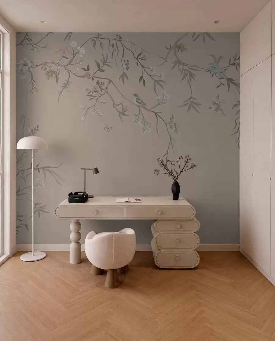 murales de pared Ramas florales con pájaros sobre un fondo beige cálido w05127v1
