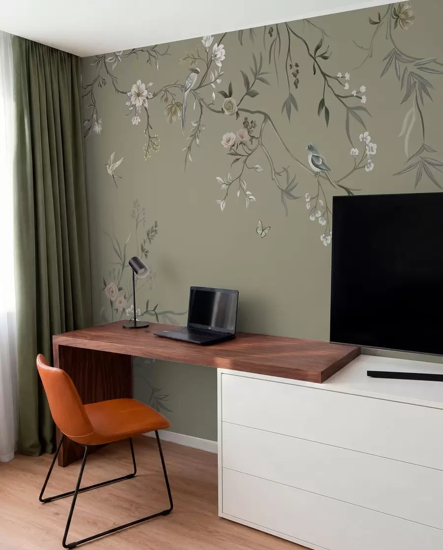 murales de pared Motivo floral con pájaros sobre fondo gris w05127v4