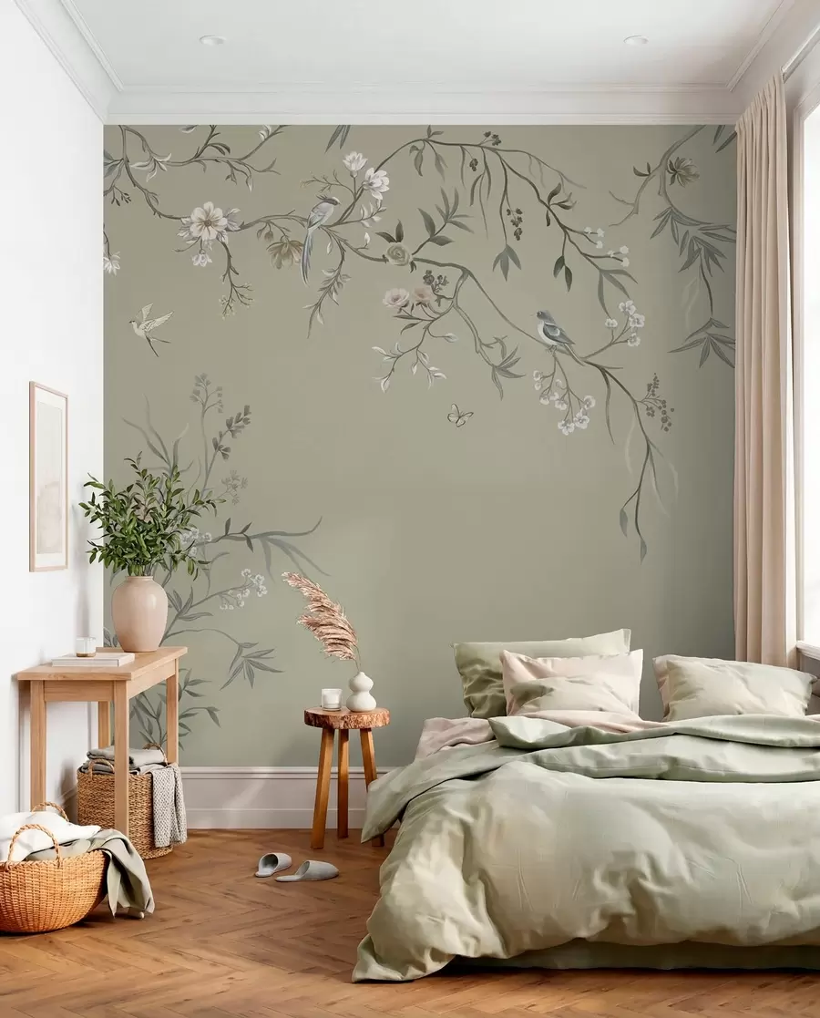 murales de pared Diseño floral con pájaros sobre fondo fresco w05127v6