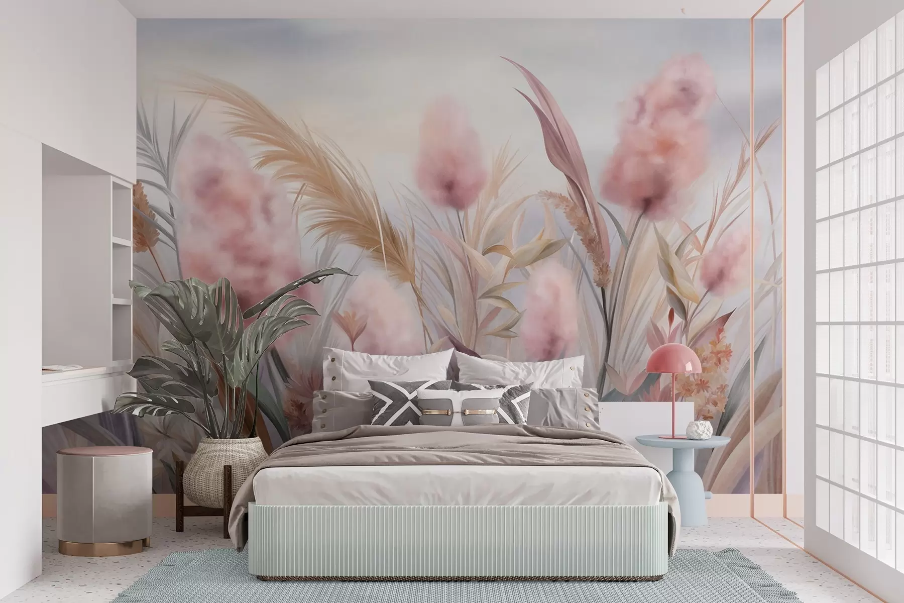 murales de pared Hierba de la pampa rosa y beige y otras flores secas con un cielo suave y brumoso al fondo. w09635