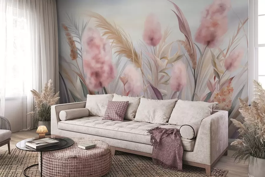 murales de pared Hierba de la pampa rosa y beige y otras flores secas con un cielo suave y brumoso al fondo. w09635