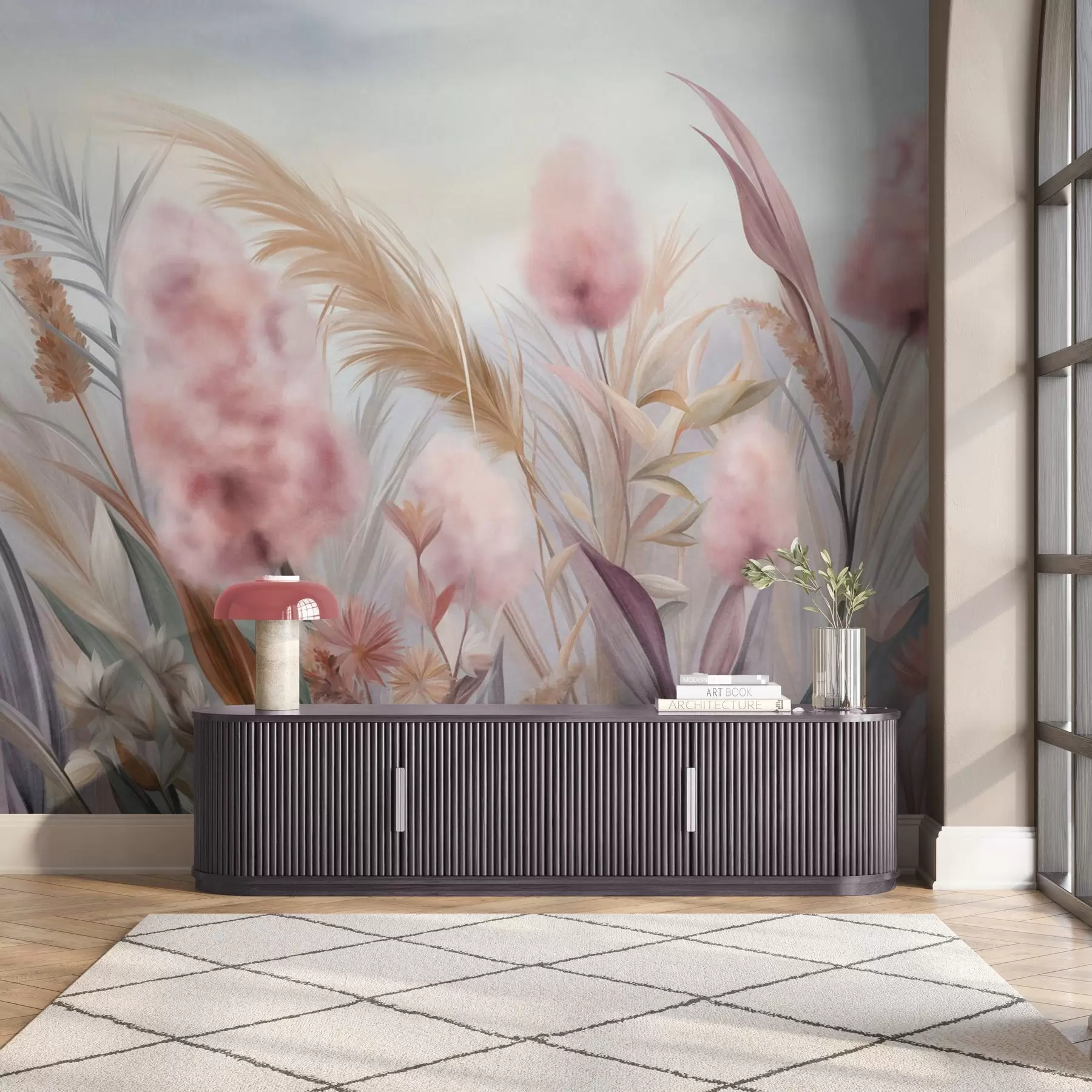 murales de pared Hierba de la pampa rosa y beige y otras flores secas con un cielo suave y brumoso al fondo. w09635