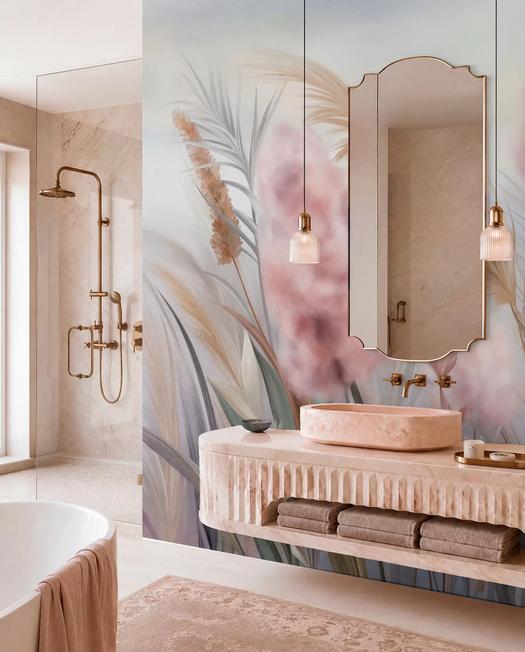murales de pared Hierba de la pampa rosa y beige y otras flores secas con un cielo suave y brumoso al fondo. w09635