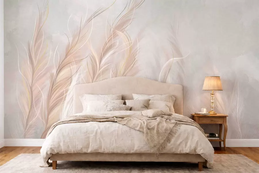 murales de pared Plumas suaves y abstractas en tonos neutros claros. w05153
