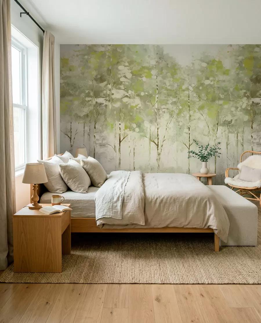murales de pared Bosque estilizado con árboles esbeltos en tonos verdes. w05221v1