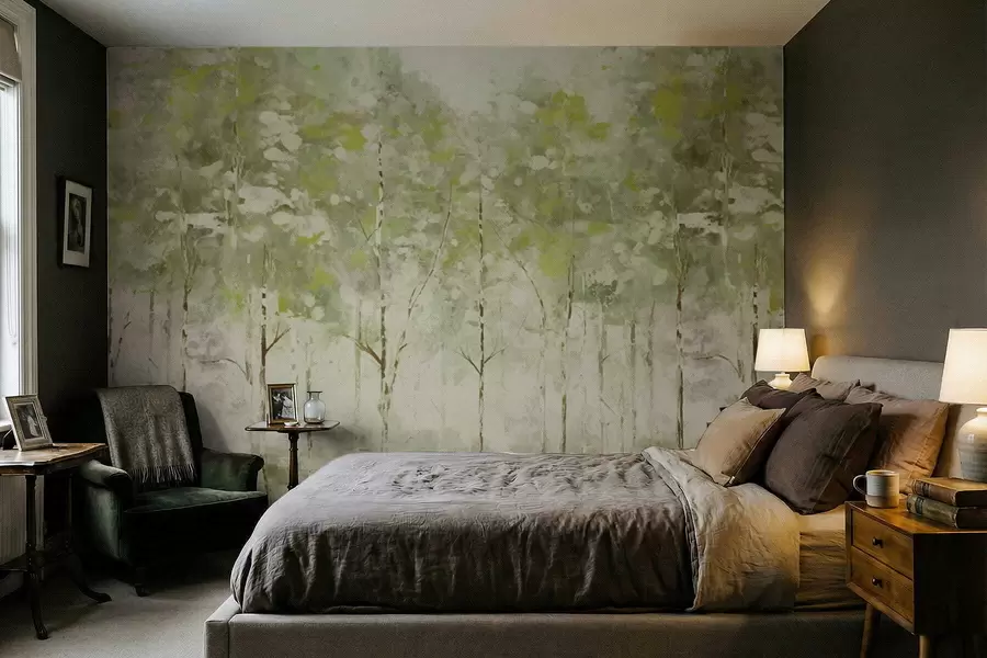 murales de pared Bosque estilizado con árboles esbeltos en tonos verdes. w05221v1