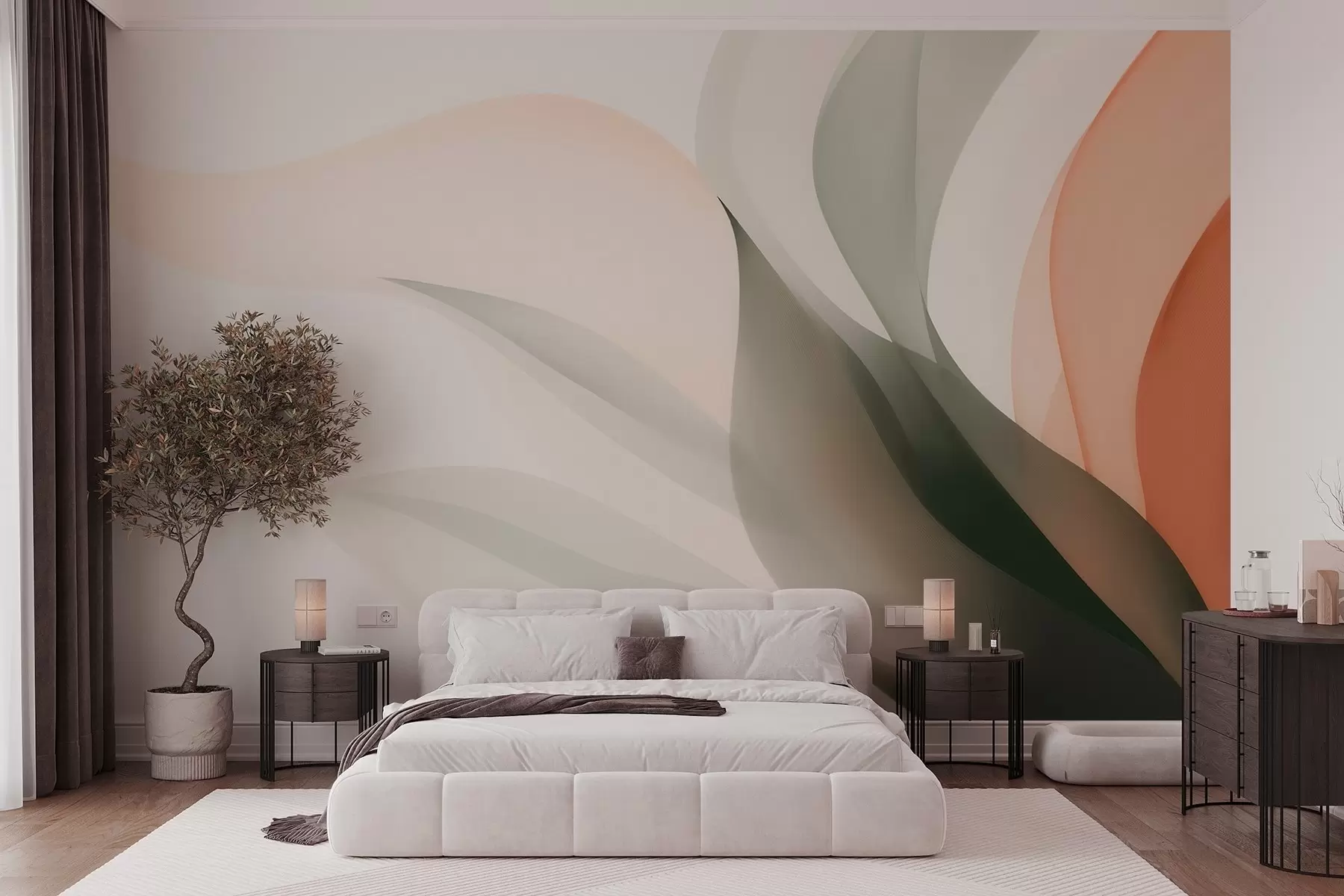 murales de pared Olas abstractas en tonos naranjas y verdes. w09718