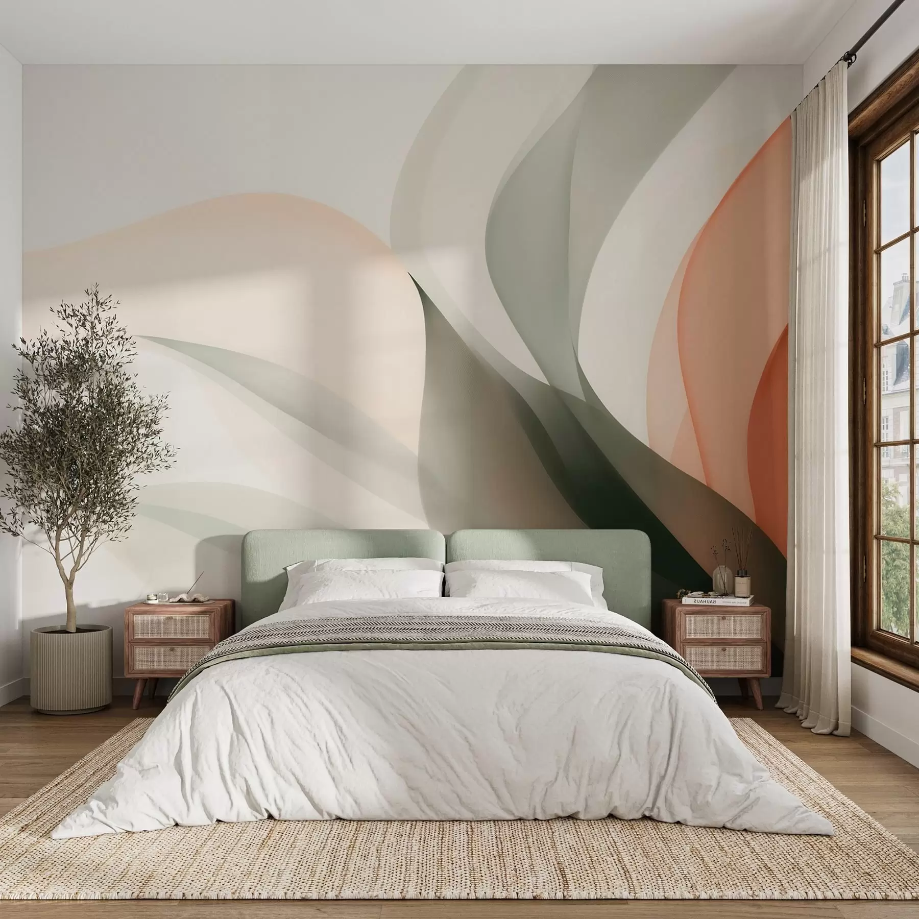 murales de pared Olas abstractas en tonos naranjas y verdes. w09718