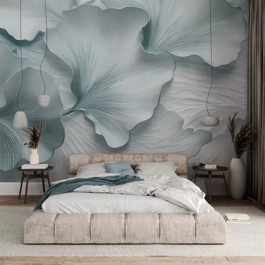 murales de pared Pétalos de hojas de ginkgo texturizados, azules y blancos, con un delicado estampado orgánico. w09741v1