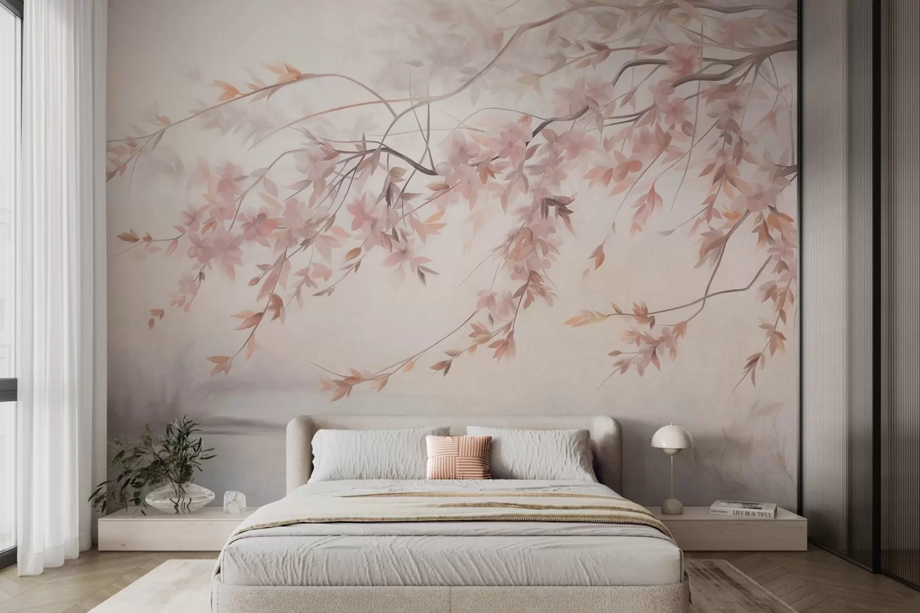 murales de pared Paisaje texturizado con rama de cerezo en flor, hojas rosadas y fondo suave y brumoso. w09743